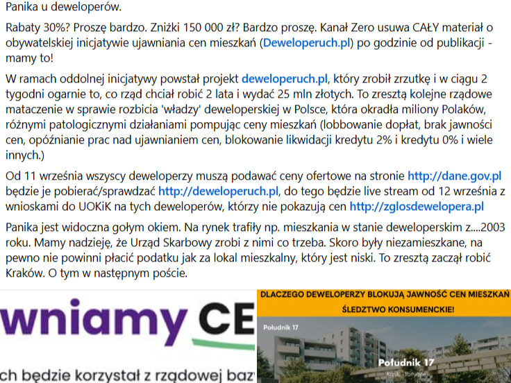 Post społecznościowy o deweloperach